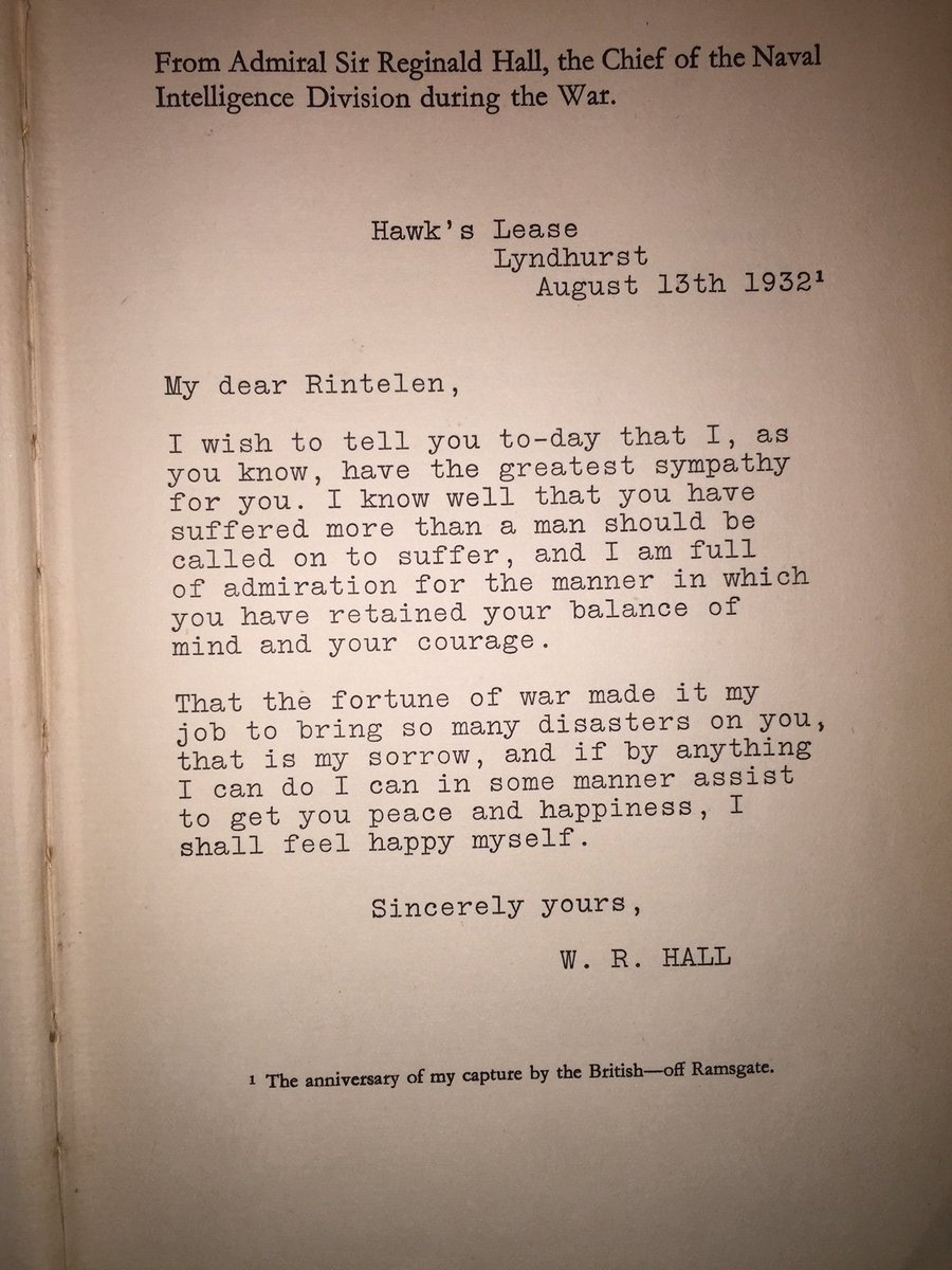 Remarkable: WW1 memoir by Imperial German naval intelligence officer, Capt Franz von Rintelen, inc letter from Admiral "Blinker" Hall, head of the Royal Navy's Room 40 & an admiring introduction by Major Mason, author of "The Four Feathers" & von Rintelen's wartime adversary. BZ!