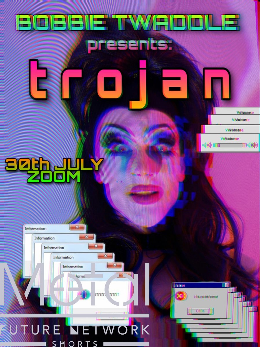 Future Network Shorts Artist: Bobbie Twaddle
8pm
"Bobbie Twaddle Presents: TROJAN" is a sharing of work that's been made exclusively over lockdown, the live call will involve the sharing of both live &amp; pre-recorded work, &amp; time to talk with the artist on all things Digital Drag!