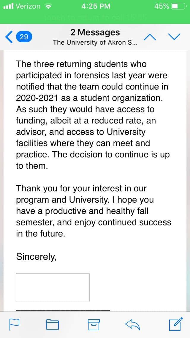 taylor_mills_3's tweet photo. With UA’s decision to cut @UAkronSpeech and our coach Mark Rittenour, many people have sent in heartfelt letters. Here is the “heartfelt” responses we are receiving from @UAkronPresident and @uakron. My heart hurts. They can’t even be human https://t.co/mP5yYOFTws