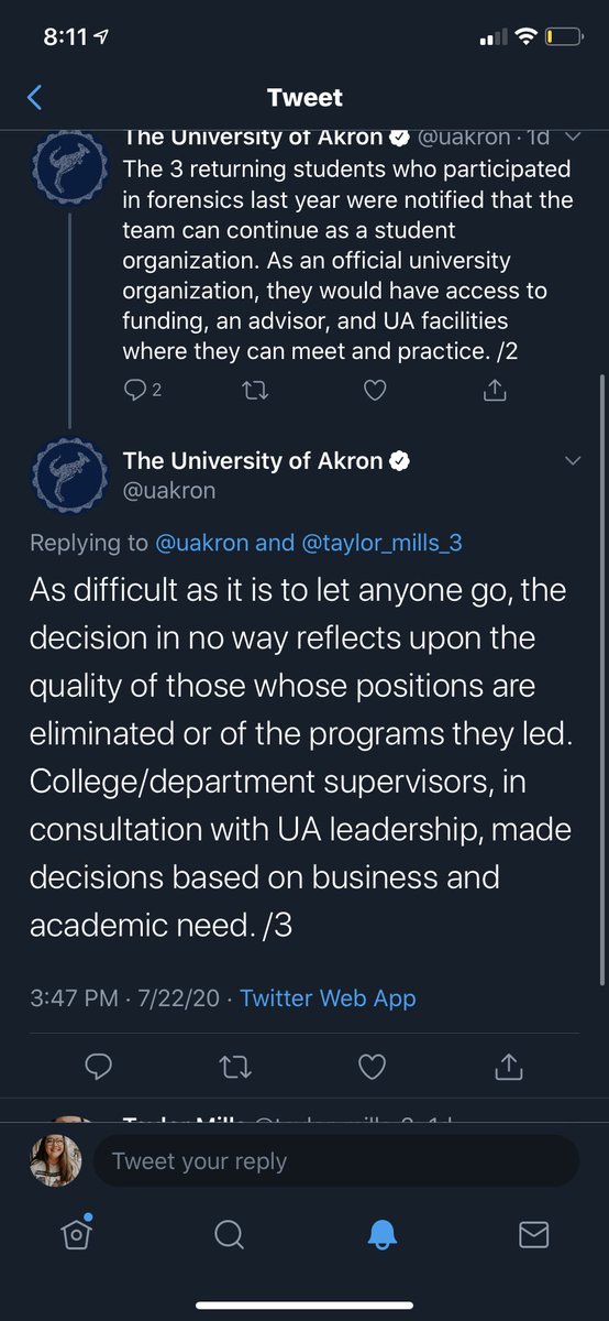 taylor_mills_3's tweet photo. With UA’s decision to cut @UAkronSpeech and our coach Mark Rittenour, many people have sent in heartfelt letters. Here is the “heartfelt” responses we are receiving from @UAkronPresident and @uakron. My heart hurts. They can’t even be human https://t.co/mP5yYOFTws