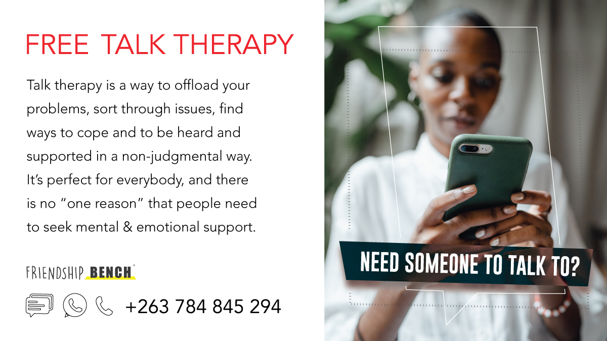 friendshipbench's tweet photo. Confidential mental health support, talk to a trained Friendship Bench peer counsellor or sign up for our #digitaltrial for the #virtualfriendshipbench. All free of charge, message +263 784 845 294 for help. https://t.co/1QjFOsNLmW