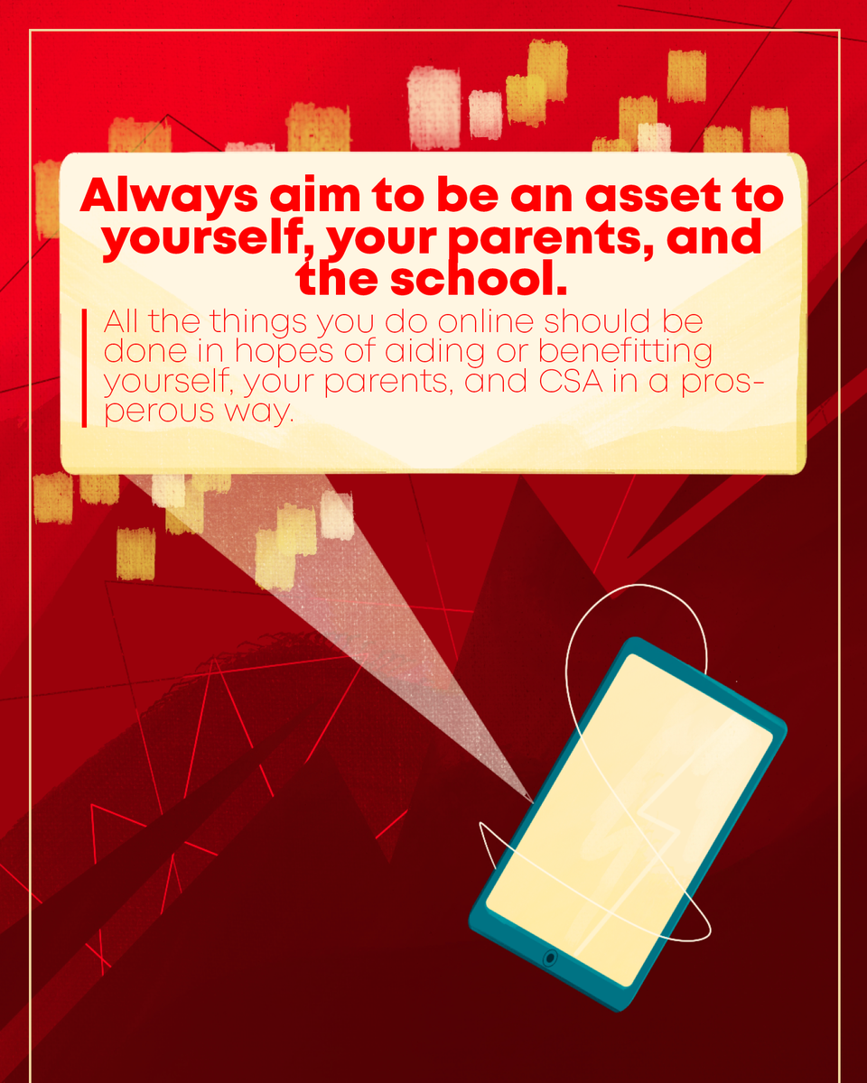 CSABatch2022's tweet photo. Hello Batch 2022! 🔥 In addition to the online guidelines given by your advisers, here are some things to take note of when you're posting online. With our new learning system, having proper behavior online will help us have an easier time adapting. Stay safe online &amp; offline! ❤️ https://t.co/E4XJLQlV5k