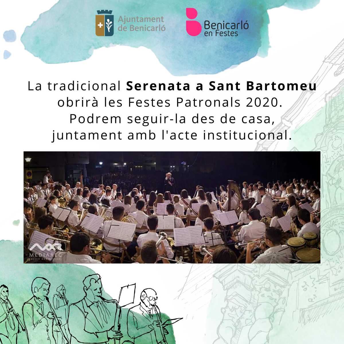 FestesBenicarlo's tweet photo. 🎷La primera nit de #FestesPatronals2020 comptarà amb tot el romanticisme de l'acte més tradicional: la Serenata a Sant Bartomeu amb l'Associació Musical Ciutat de Benicarló.📹Una retransmissió audiovisual l'aproparà a les nostres cases, juntament amb l'acte institucional previ. https://t.co/xwmamsCw5E
