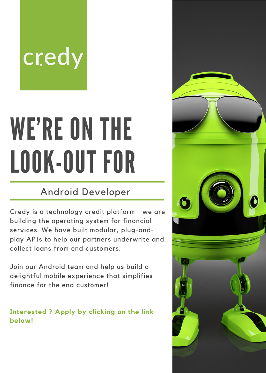 credydotin's tweet photo. Credy is hiring!

We are looking to add passionate developers to our android team!
Apply now: https://t.co/1xLIAqn9iJ

#Hiring #AndroidDevelopers #Developers #Fintech #Digitallending #Jobs #credy https://t.co/DpTiOBF8bh