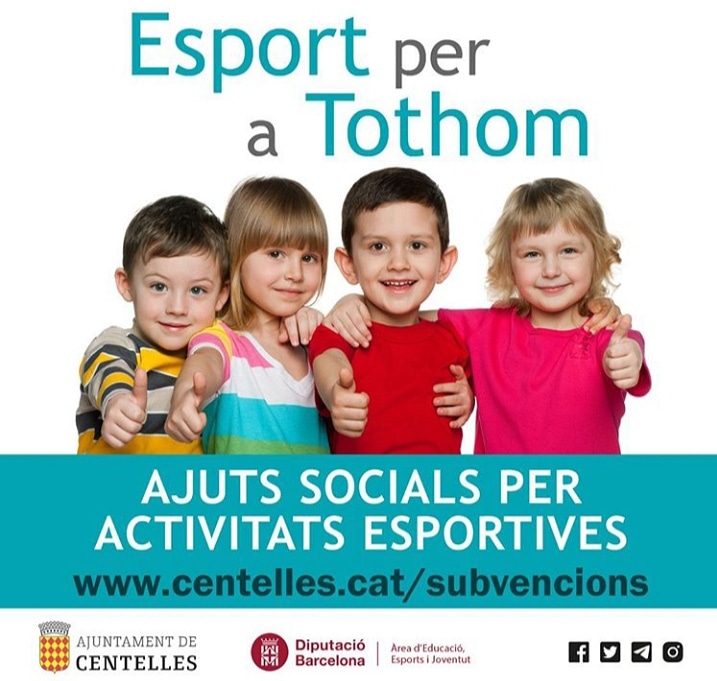 ESPORT PER A TOTHOM, programa d'ajuts socials per a activitats adreçats a menors de 3 a 18 anys.
👉 Més informació a centelles.cat/subvencions