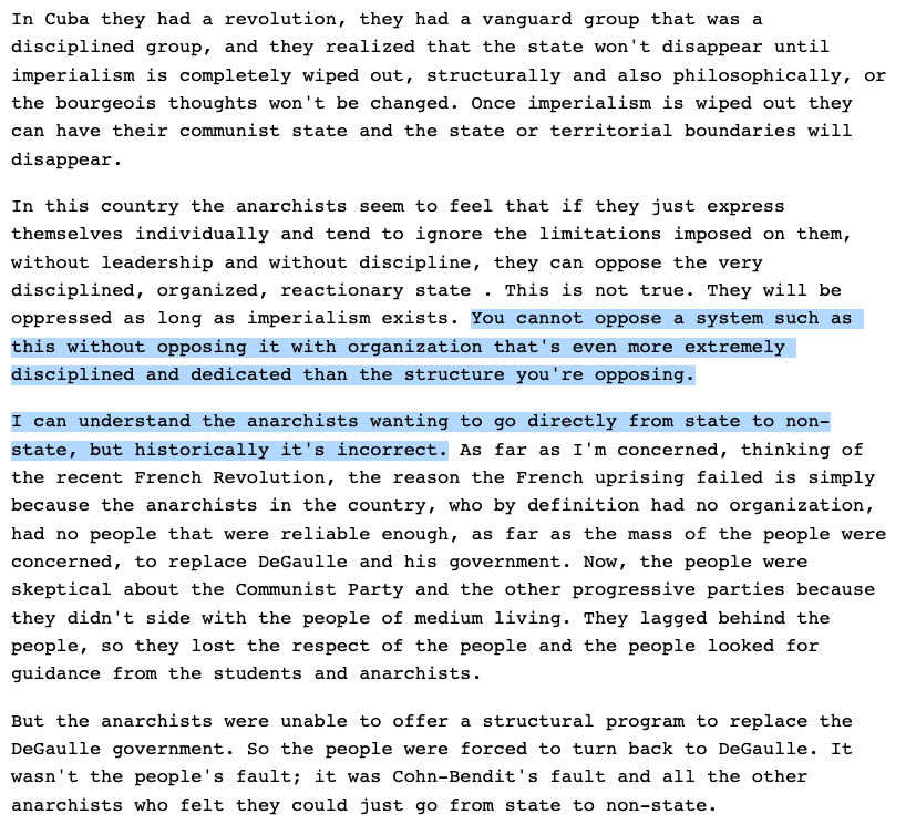 Huey Newton, 1968: On revolution, organization, and anarchism https://prisoncensorship.info/archive/etext/bpp/bpp161168.htm