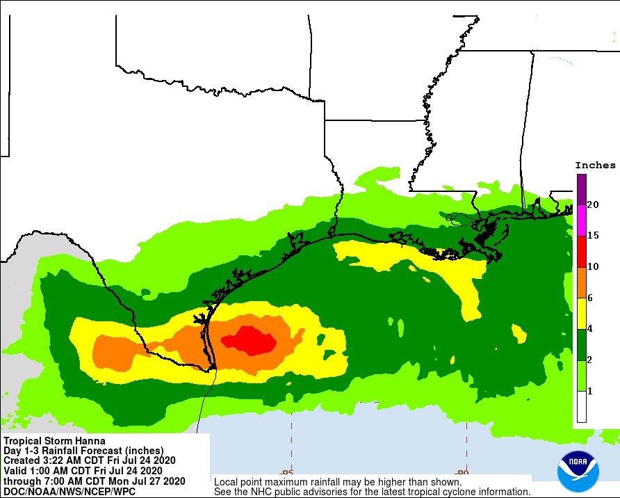 NHC_Atlantic's tweet photo. TS Hanna is expected to produce 4-8" of rain with
isolated maximum totals of 12" through Sunday night in south Texas (@NWSWPC forecast).  This rain may result in life-threatening flash flooding, rapid rises on small streams, and isolated minor-to-moderate river flooding. https://t.co/pjeDoZMutN
