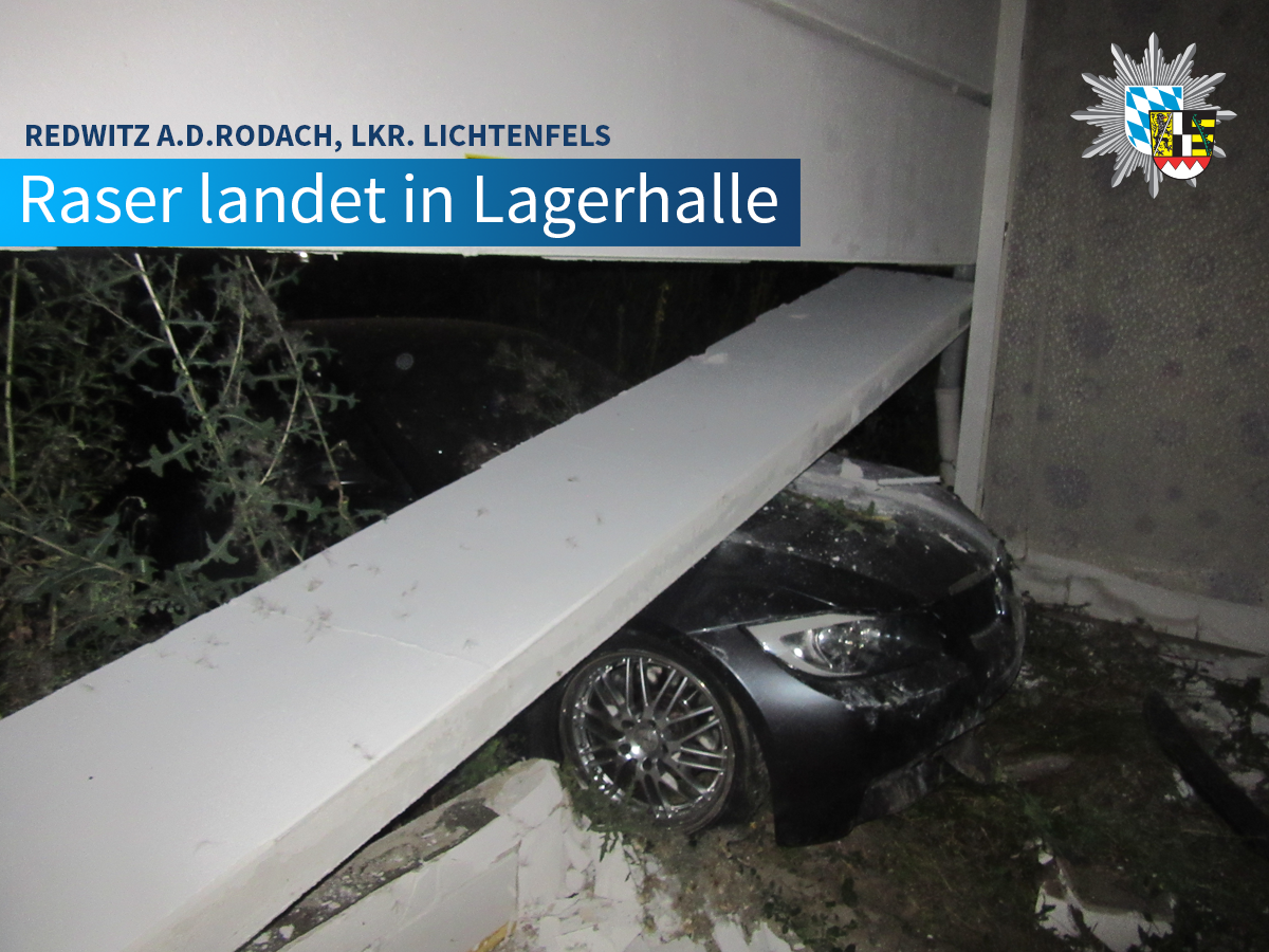 PolizeiOFR's tweet photo. Mit seinem BMW raste  ein 19-Jähriger durch #Redwitz a.d.Rodach, Lkr. #Lichtenfels. In einer Kurve verlor er die Kontrolle und prallte gegen die Betonmauer einer Lagerhalle. Die Kollegen stellten seinen Führerschein sicher. 

#Polizeimeldungen #Oberfranken
https://t.co/xbwOI2rABk https://t.co/DQETr3cyiM