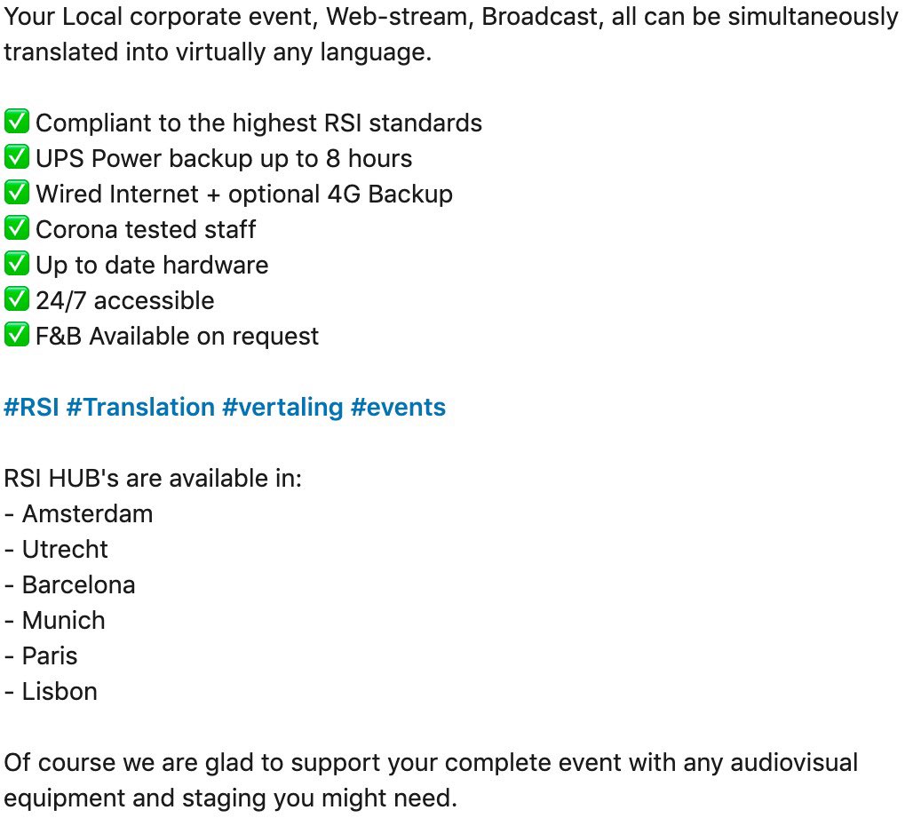 Devsavrental's tweet photo. DEVS AV Rental Group Europe has been opening RSI HUB's throughout Europe to providing a safe, online work environment for translators with the state of the art online translation services.

RSI - Remote Simultaneous Interpretation.

#RSI #Translation #events https://t.co/IocgIdVwfM