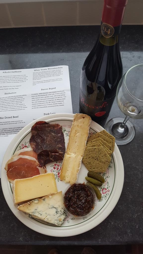 nicmal9's tweet photo. What a lovely lunch. Thank you @Arch13Bar for #Arch13atHome deliveries. It even included Baron Bigod cheese and sticky fig. Delicious π https://t.co/XlIGchCWcj