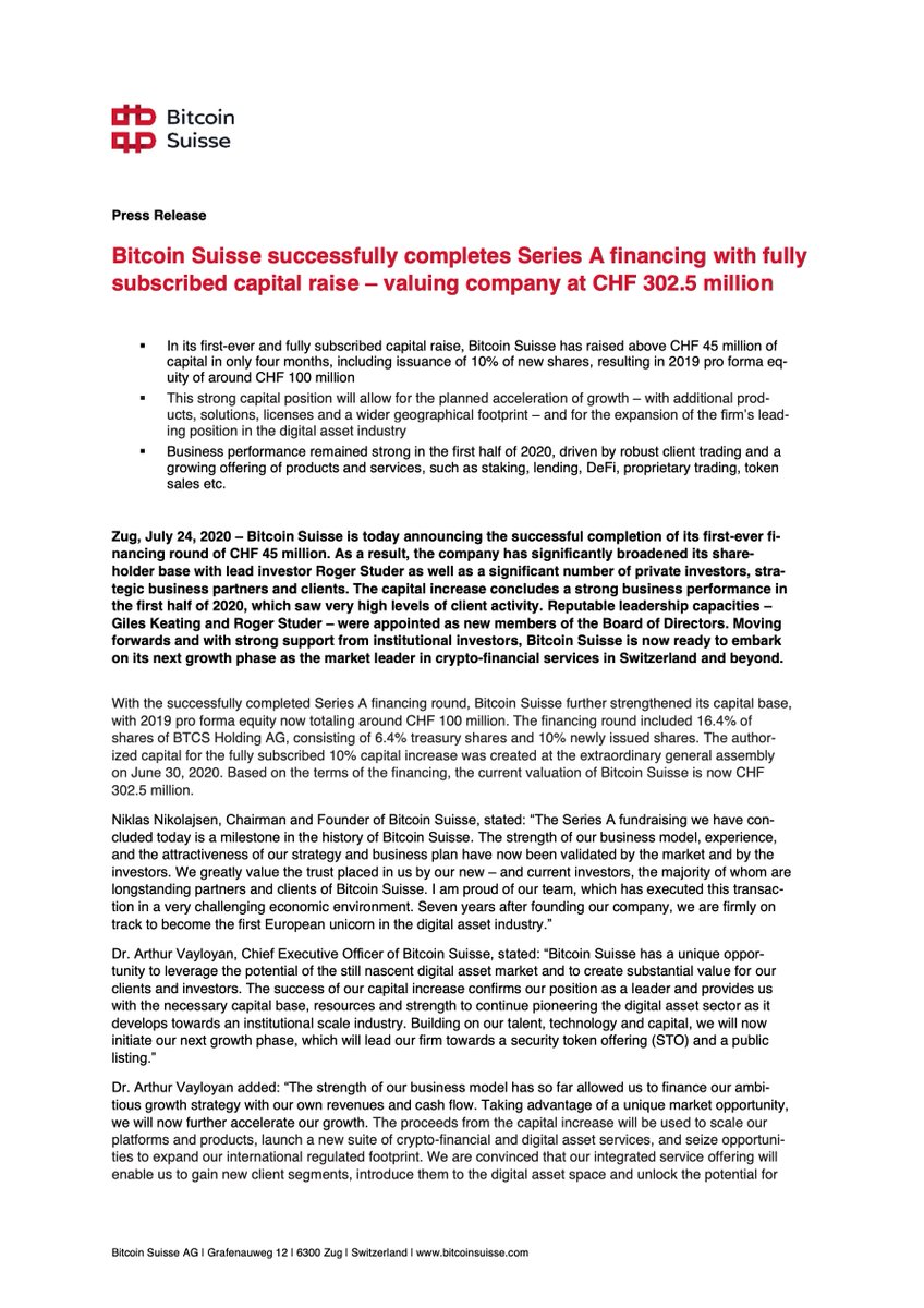 Ro_Studer's tweet photo. #Bitcoin Suisse
Company valued at CHF 302.5 Million https://t.co/mfLygLStRh
