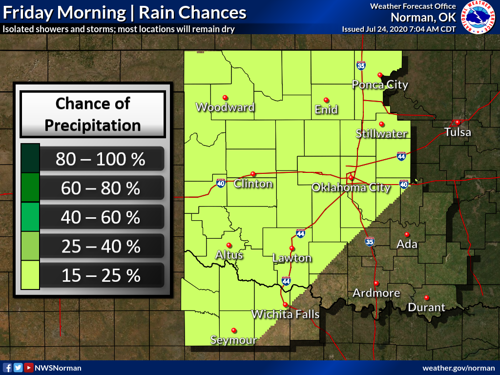 NWSNorman's tweet photo. Isolated to widely scattered showers and thunderstorms will be possible today with many locations remaining dry. Otherwise, hot and humid again today with highs in the 90s. https://t.co/4LyNHlpREl