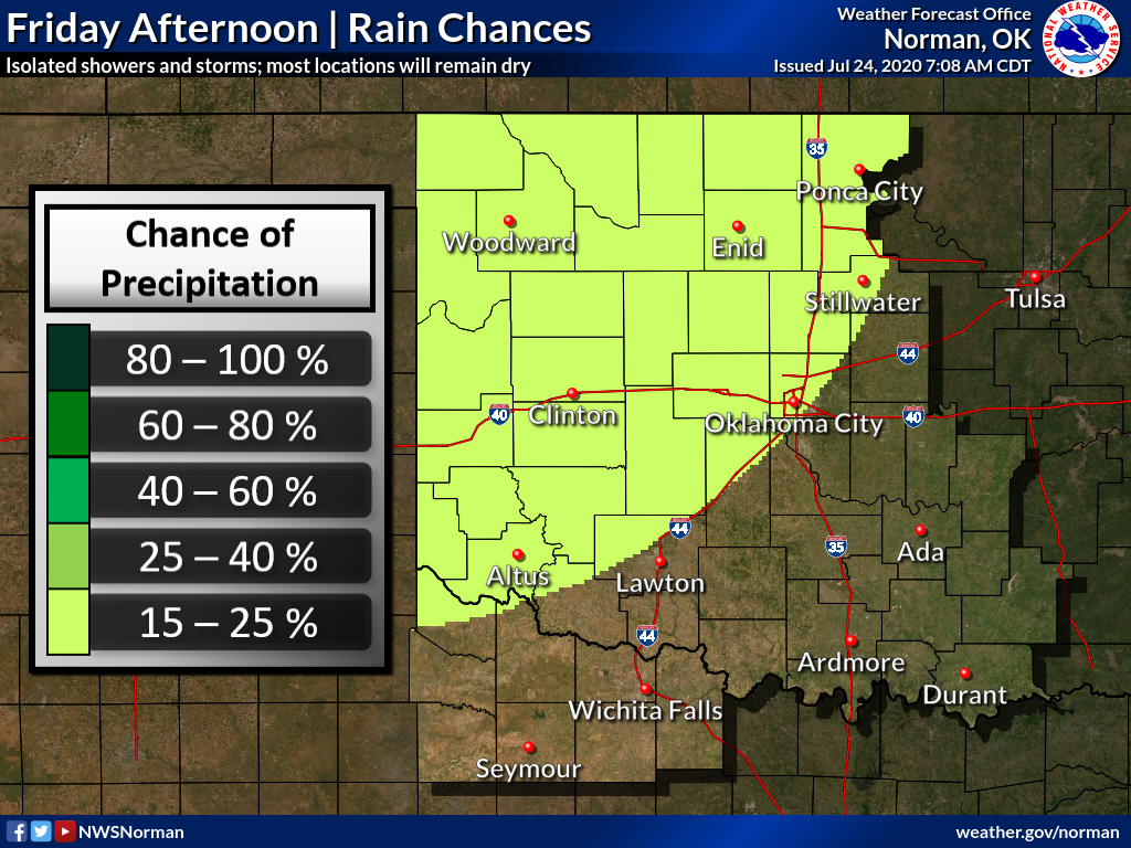 NWSNorman's tweet photo. Isolated to widely scattered showers and thunderstorms will be possible today with many locations remaining dry. Otherwise, hot and humid again today with highs in the 90s. https://t.co/4LyNHlpREl