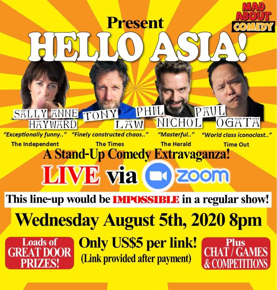 MadAboutComedy's tweet photo. Watch on your own or gather some friends around the screen - international stand-up comedy - LIVE.
Wed Aug 5th - 1pm UK / 7pm Indo, Thai, Viet / 8pm SG, HK, KL.
TICKETS S$7 - https://t.co/wScqnbhZsF
PAUL OGATA (USA), PHIL NICHOL (CAN), SALLY ANNE HAYWARD (UK), TONY LAW (CAN) https://t.co/xi2ogCuCTv