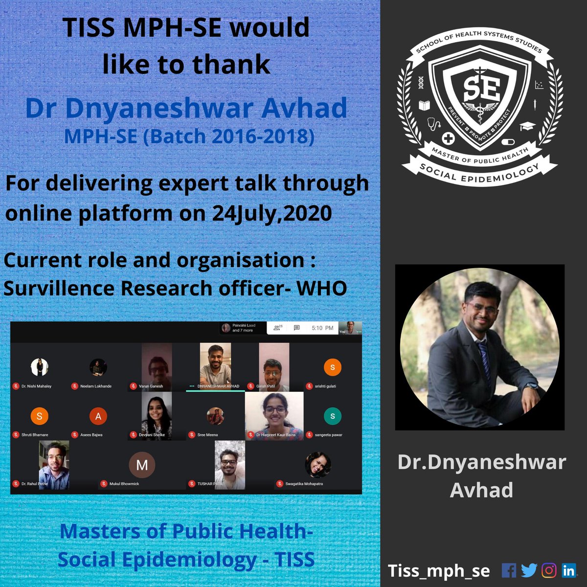 tiss_phse18's tweet photo. Thank you Dr.Dnyaneshwar Avhad sir for the insightful session.
#tatainstituteofsocialsciences #schoolofhealthsystemsstudies
#tiss
#tiss_mph_se
#tissmumbai
#indiahealthsystem
#indianpublichealthsystem #indianpublichealthassociation https://t.co/q06l8bAhJe