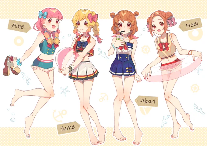 お題箱よりゆめとあいねとあかりとノエルが水着でポーズをする 