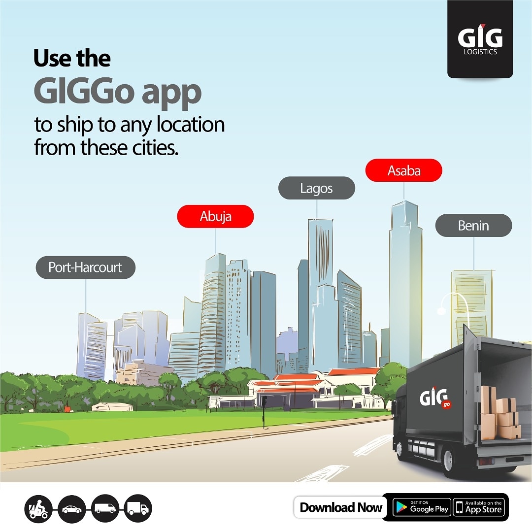 GiGLogistics's tweet photo. With the #GIGGOapp, you can ship items ๐ฆ to any location from these cities;
๐Lagos
๐Abuja
๐Port Harcourt
๐Benin
๐Asaba https://t.co/ky7A9aiOlh