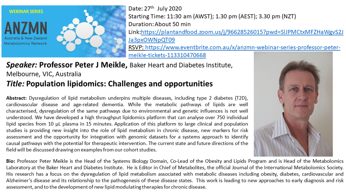 ANZMetabolomics's tweet photo. Next ANZMN webinar is on Monday 27th July, 2020 by Prof Peter Meikle. Looking forward to seeing you there
#lipidomics #metabolomics #anzmn
 https://t.co/S7CxfyXKNd https://t.co/c8XjBVp6aC