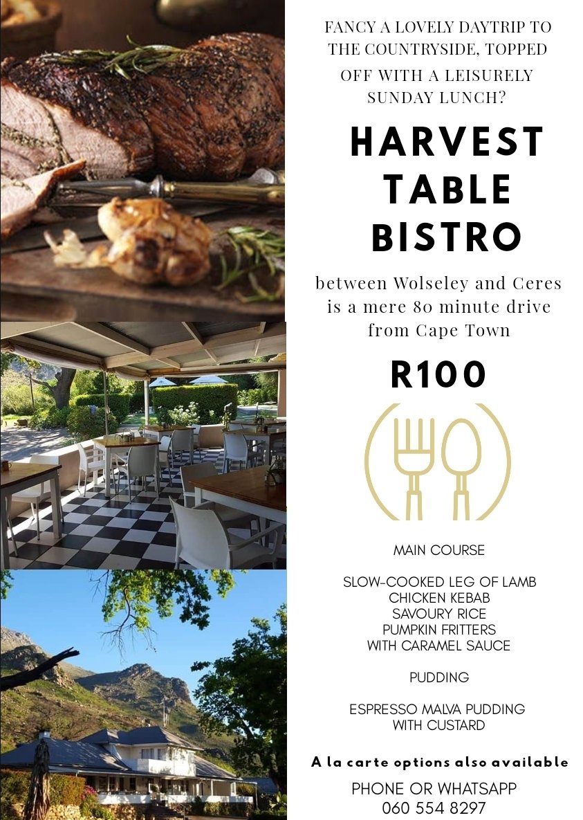 bistro_harvest's tweet photo. Nothing to do this weekend? Drive out to Wolseley/Ceres, stop at the various farm and craft stalls, go ziplining or horsebackriding or take the kids to an animal sanctuary. End off your morning with a Sunday meal for only R100! We can even arrange you a bed for a "middagslapie". https://t.co/mikOU2H0s0
