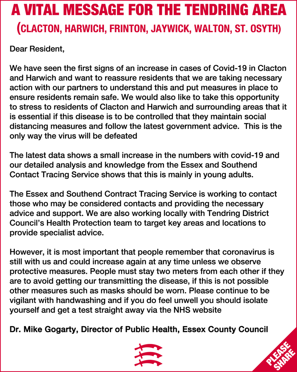 ⚠️URGENT MESSAGE FOR THOSE IN THE TENDRING AREA, specifically the #Clacton, #Harwich, #Walton, #StOsyth, #Frinton areas

#Essex #Covid19 #Coronavirus #StayHomeSaveLives #NHS