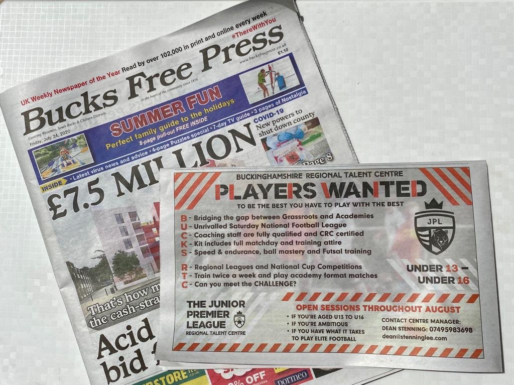 bucksrtc's tweet photo. Can you spot us in today’s @bucksfreepress 🗞 - preparations for the 20/21 @jpluk campaign are well underway ⚽️

Can you meet the challenge?

#NewAgeGroups #BucksRTC #avisionforfootball https://t.co/caQSdOBc74