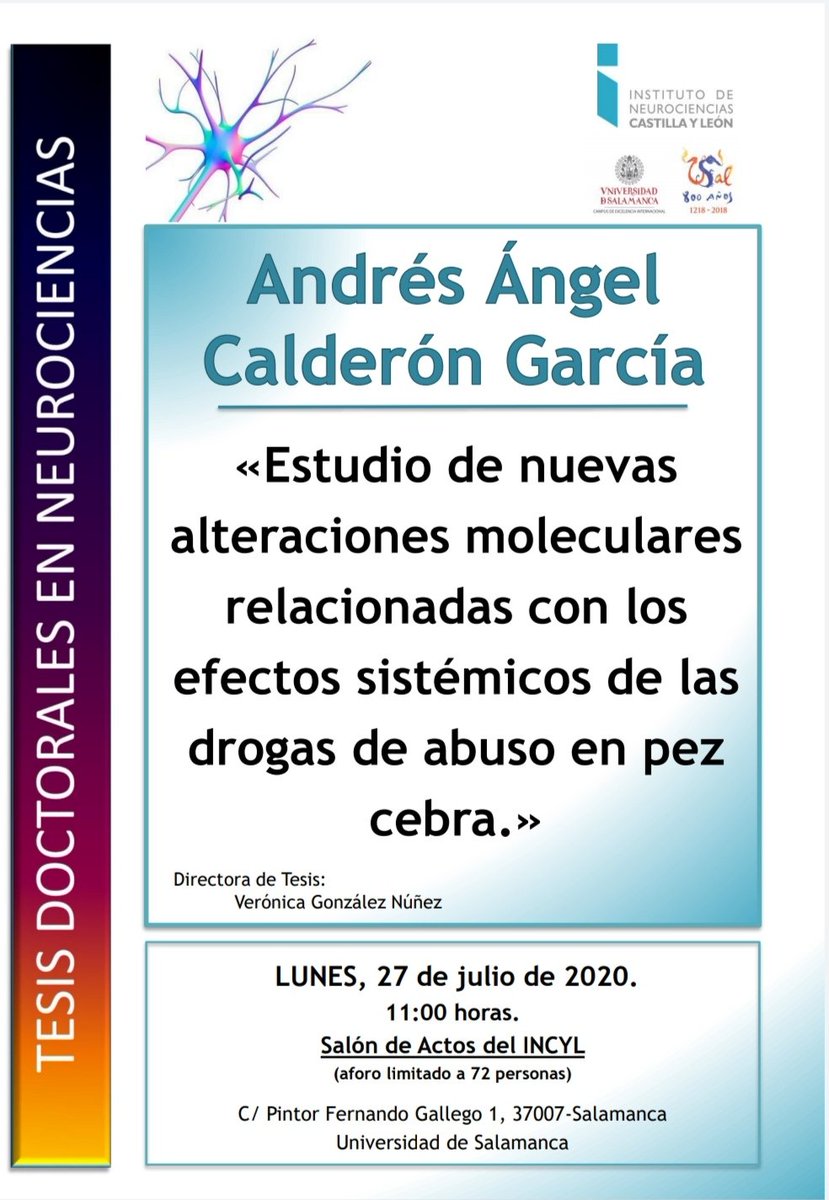 Incyl_Usal's tweet photo. El 27 de Julio de 2020, a las 11:00, nuestro compañero Andrés Calderón García (@a_runrun) defenderá su tesis doctoral titulada "Estudio de nuevas alteraciones moleculares relacionadas con los efectos sistémicos de las drogas de abuso en pez cebra". 👉🏻 https://t.co/EWxzkaXMvD https://t.co/7qoCCRQjrV