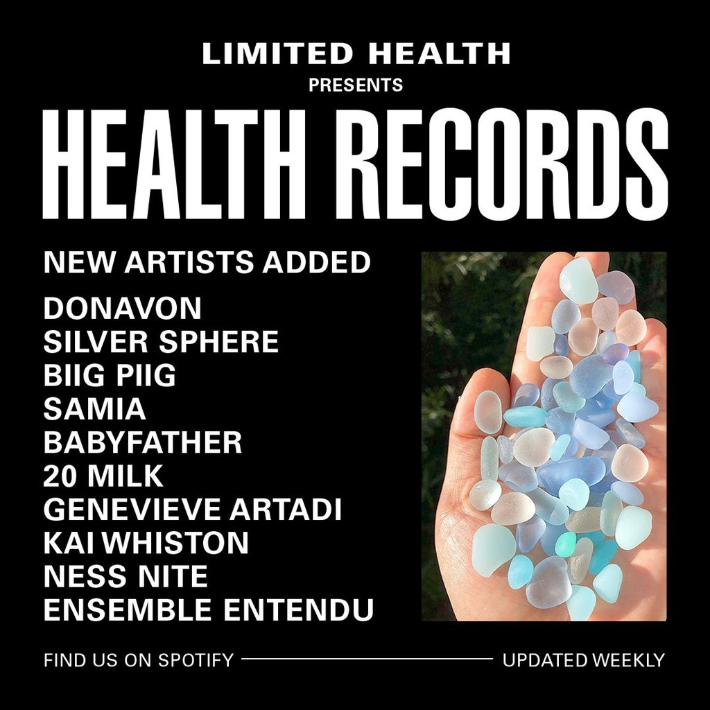 LTDHEALTH's tweet photo. We’ve updated our Health Records playlist with brand new music from:

💎 @Donnynnon 
✨ @thesilversphere 
💎 @BiigPiigMusic
✨ @samiatheband 
💎 Babyfather
✨ @twentymilkk
💎 @genevieveartadi 
✨ @kaiwhiston 
💎 @nessnite 
✨ Ensemble Entendu

https://t.co/NbuwiIZ3zg https://t.co/wUDpLIKJTX