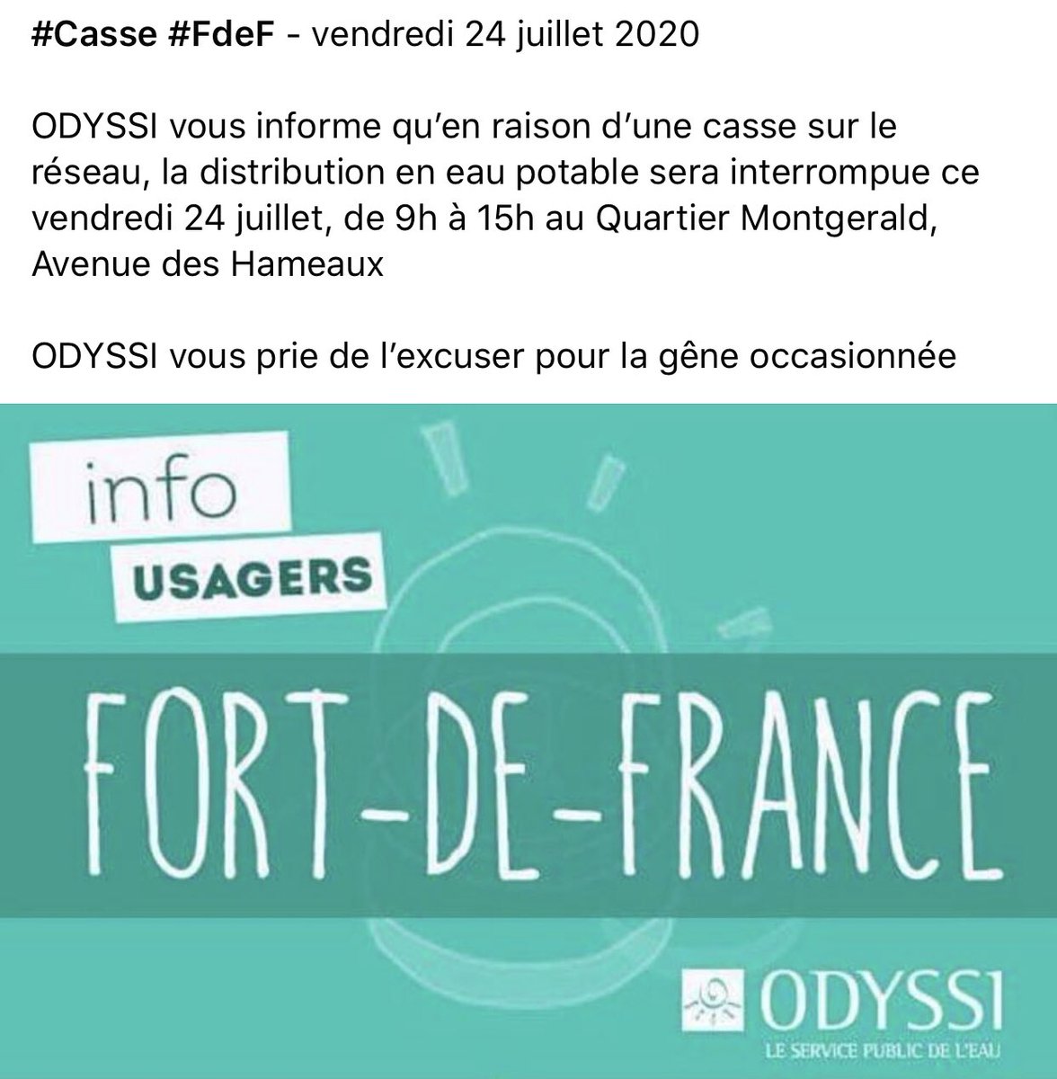 ODYSSI_972's tweet photo. #Casse #FdeF - vendredi 24 juillet 2020

ODYSSI vous informe qu’en raison d’une casse sur le réseau, la distribution en eau potable sera interrompue ce vendredi 24 juillet, de 9h à 15h au Quartier Montgerald, Avenue des Hameaux https://t.co/TR9XOtMJoE