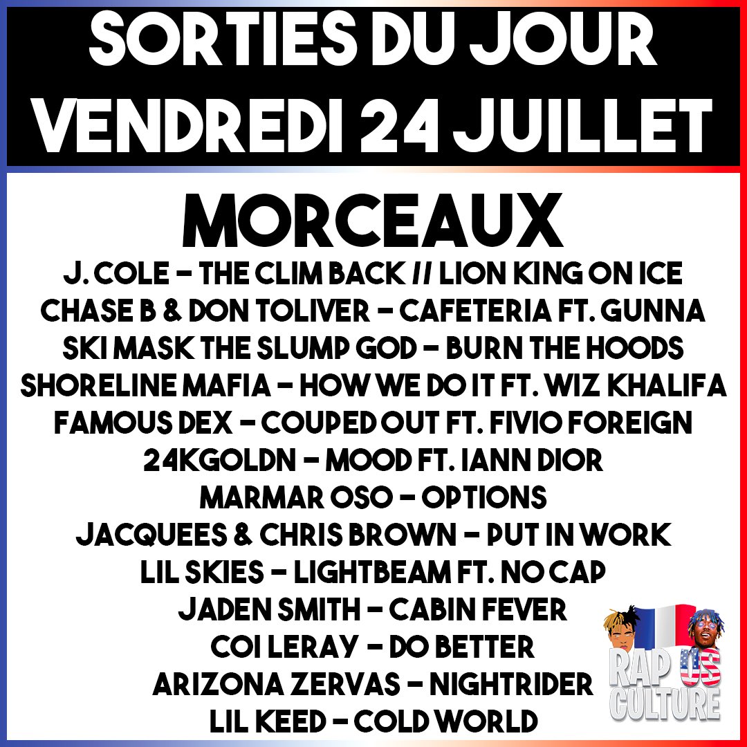 RapUSCulture's tweet photo. Voici les sorties rap US du vendredi 24 juillet !
Quel est l’album de la semaine pour vous ? Et le morceau ? https://t.co/72r1XWaLWS