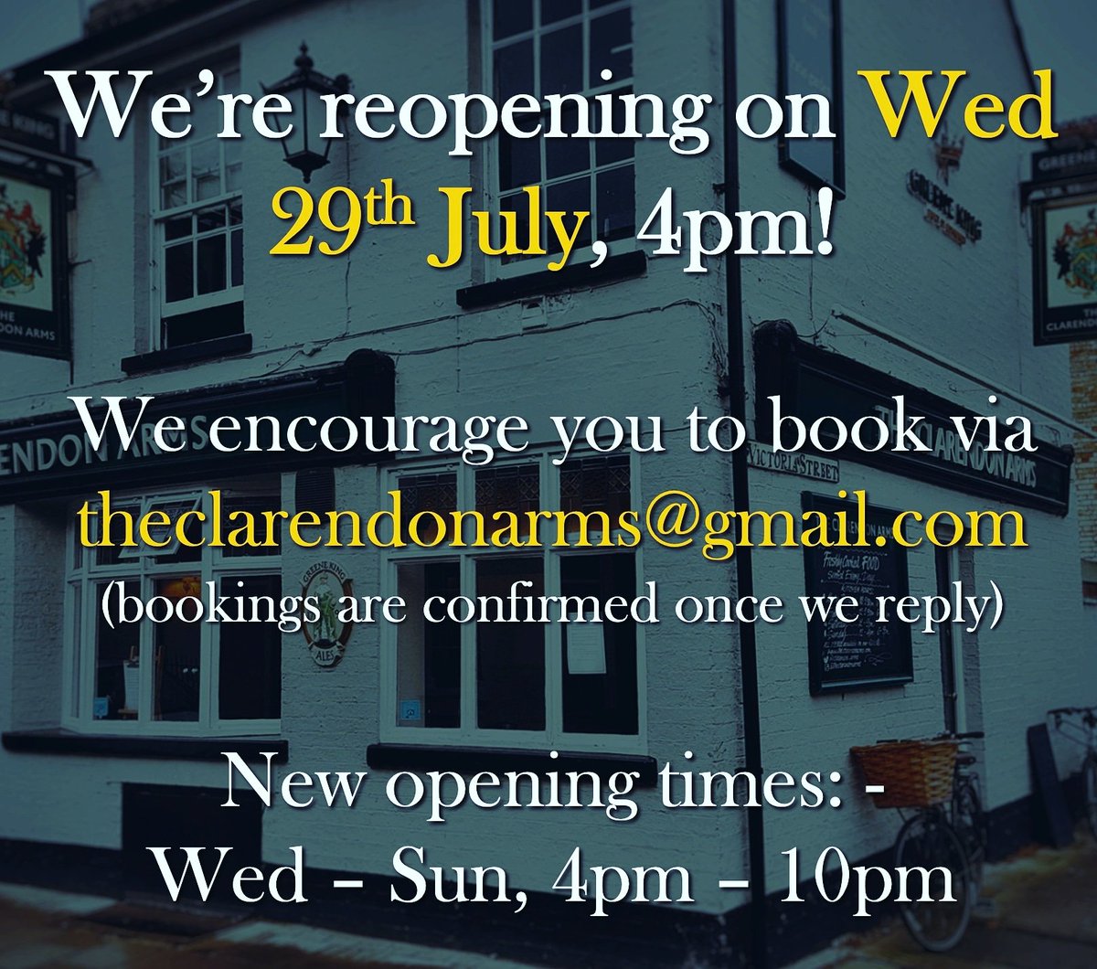 clarendon_arms's tweet photo. We're reopening on Wed 29th,4pm!

#Cambridge #cambridgeuniversity #instafood #Restaurant #reopening #pub #instagood #picture https://t.co/fAaf4ITOL1