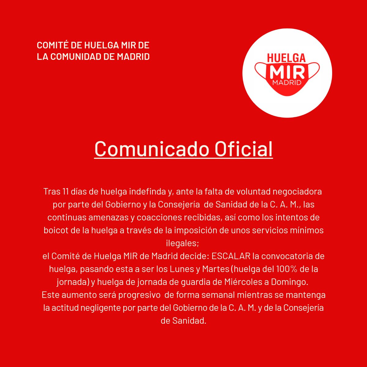 huelgamirmadrid's tweet photo. 🚨 URGENTE 🚨
Ante la inacción de la Consejería, damos un paso adelante y ESCALAMOS LA CONVOCATORIA DE HUELGA a 100% DE LA JORNADA LUNES Y MARTES y jornada de guardia de Miércoles a Domingo. Seguimos adelante
#HuelgaMIR #ConvenioMIRYa #ProtestaxMi @huelgamircv https://t.co/WUYpw8iEQD