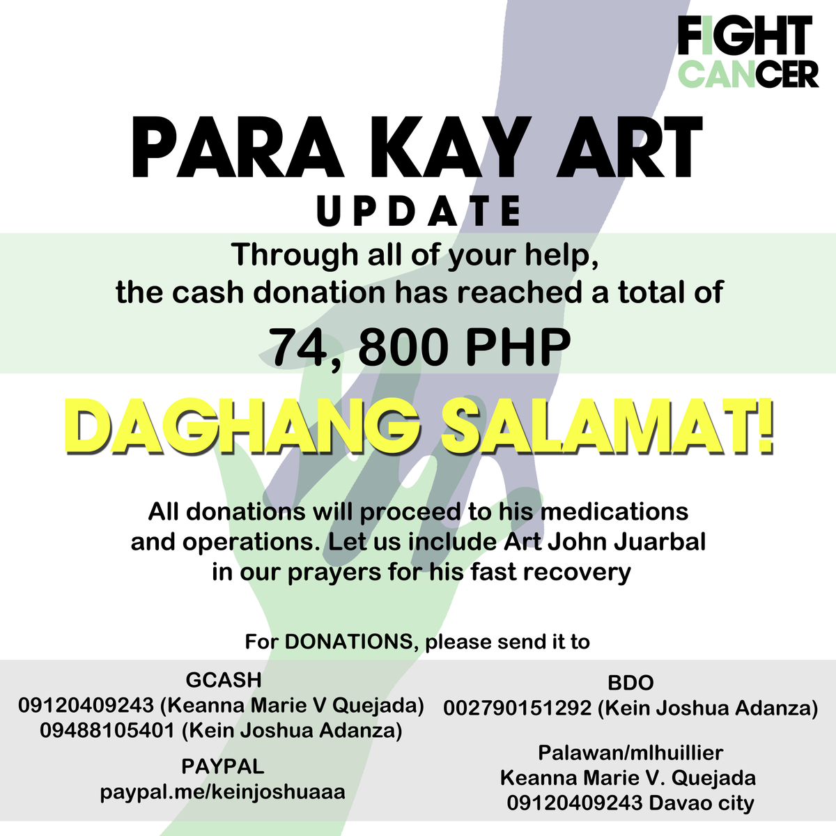 CESAtwt's tweet photo. I CAN FIGHT CANCER
PARA KAY ART UPDATE
Through all of your help, the cash donation has reached a total of
74, 800 PHP
DAGHANG SALAMAT! https://t.co/srTOgdjcGe