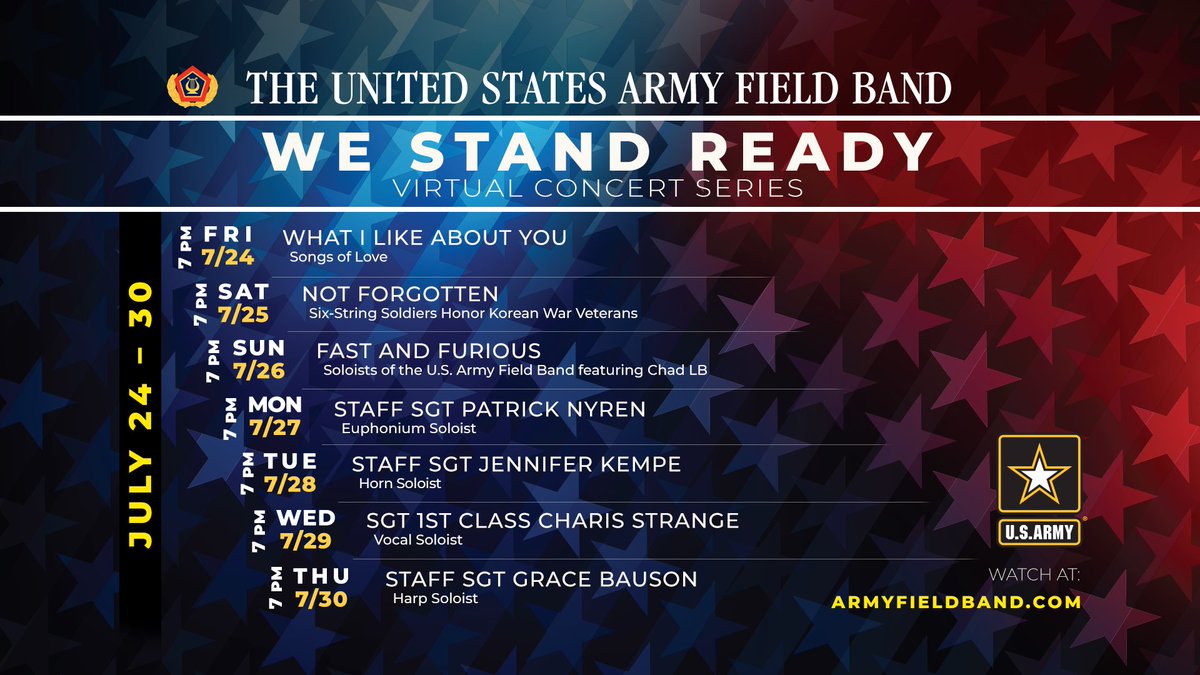 Our virtual concert series continues! Check out next week’s episodes of “We Stand Ready” and Soldier Sessions! #songsofcomfort #dontstopthemusic #alonetogether #usarmybands
