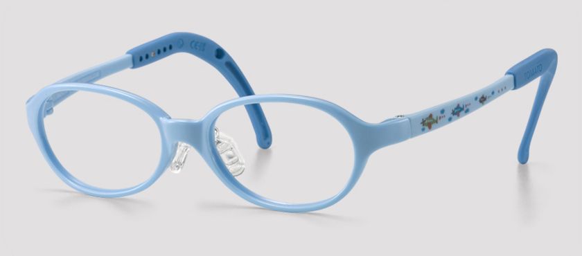 This is TKAC6, eyesize 43.  This adorable frame has airplanes on the sides, but has an opaque front.  Simple, lightweight and durable.  Its also a great shape to minimize the effects of high plus prescriptions!  $199 for single vision lenses, $225 for bifocal lenses.#vlcchampions