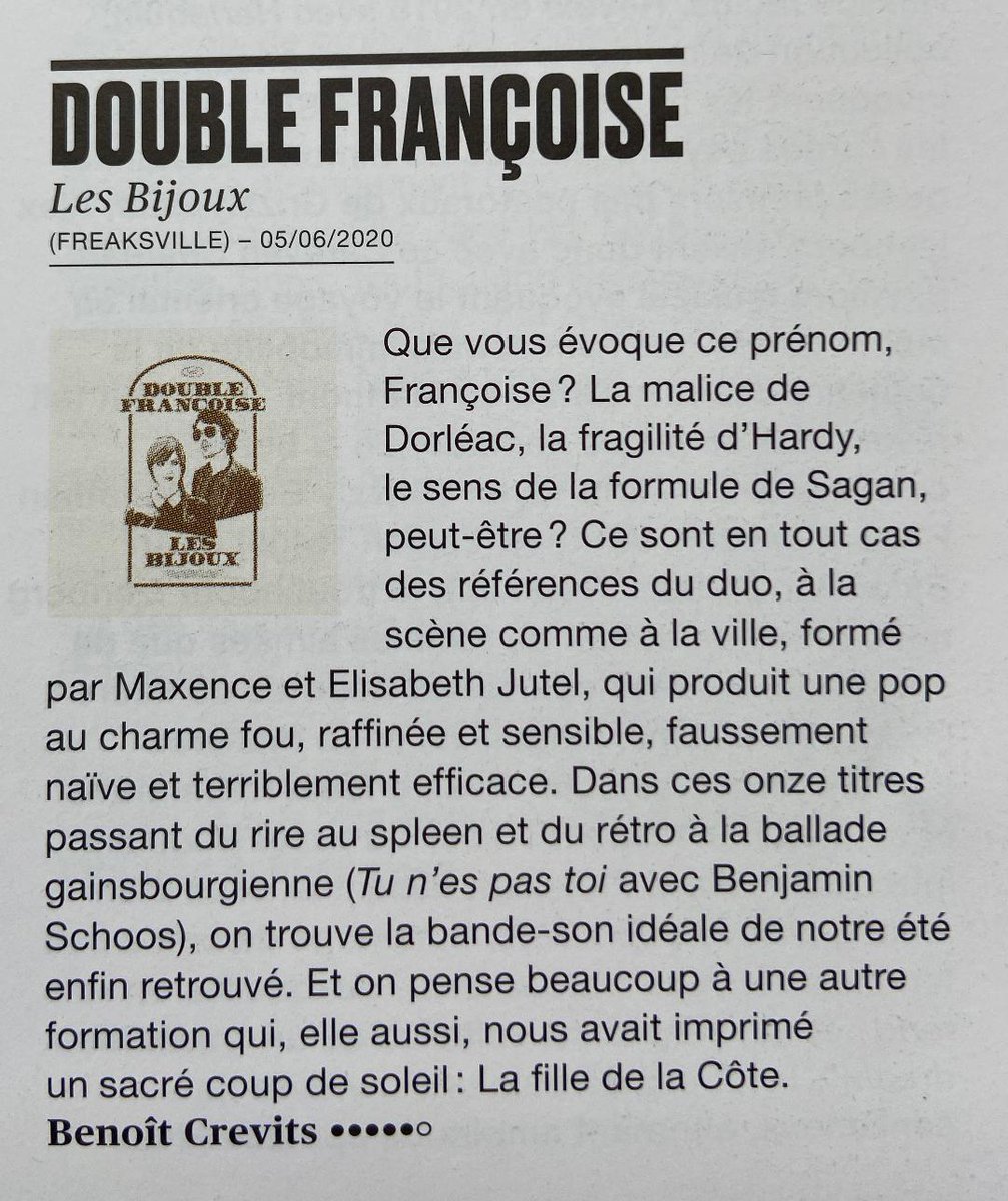 "Bande-son idéale de notre été enfin retrouvé", notre album Les Bijoux, sorti chez <a href="/Freaksville/">Freaksville</a>, plait à <a href="/magicrpm/">Magic RPM</a> 😀
Ecoute et achat vinyle/CD/digital ici : 
doublefrancoise.bandcamp.com/album/les-bijo…
Nouvelle vidéo là : 
youtube.com/watch?v=uEM38o…