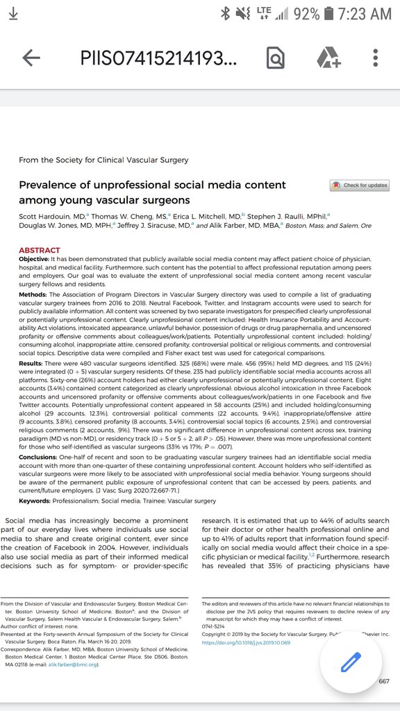 This dumpster fire of a study published by  @JVascSurg has generated a lot of blowback from  #MedTwitter. The take home message: medical professionals shouldn't post inappropriate  #SoMe content. So, what is "inappropriate"?