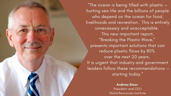 .@AndrewSteerWRI, President and CEO @worldresources urges industry and government to follow the recommendations from #BreakingThePlasticWave to reduce plastic flows by 80%. bit.ly/3fQyrF2