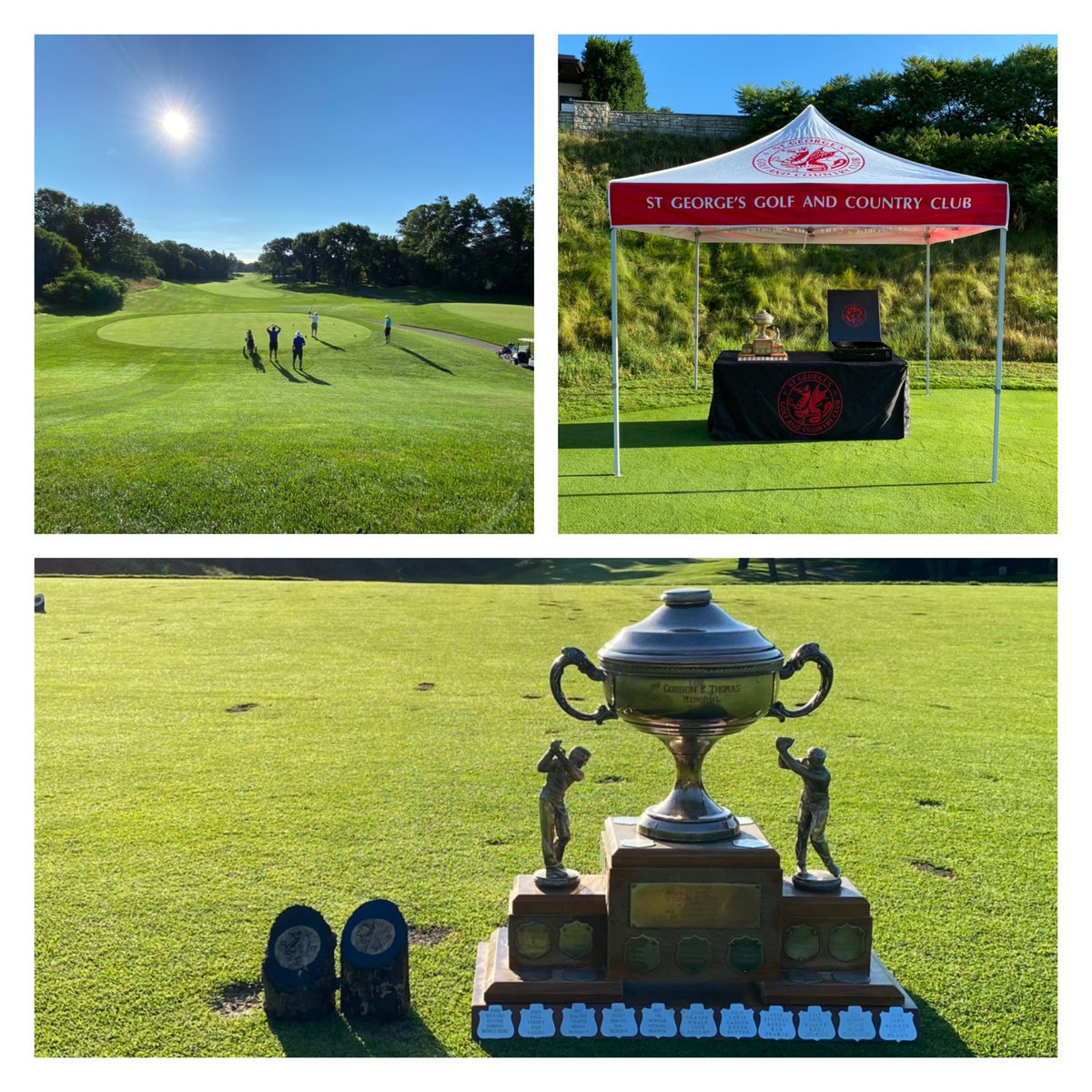 PatrickYashar's tweet photo. The tent, table and trophy are out on the 1st tee so that can only mean one thing...tournament season is back ⁦@StGeorgesGCC⁩ .  168 players for the Gordon E. Thomas Trophy (Men’s Member/Member). Play well! https://t.co/Ov8Cs498vC