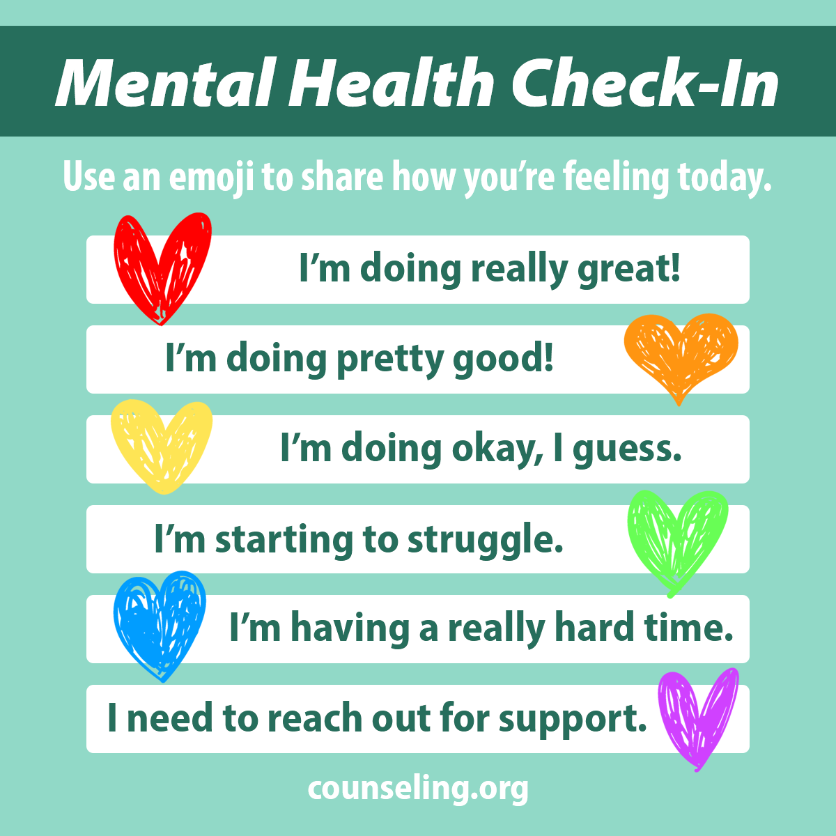 ACACounselors's tweet photo. It's time for a mental health check-in. How are you feeling today? #CounselorsHelp https://t.co/8s4NOCTdXj