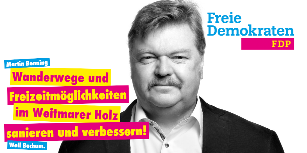 FDPBochum's tweet photo. "Der Ausbau der Freizeitmöglichkeiten in jedem Alter für Spaziergänger und Radfahrer muss weiter vorangetrieben werden", fordert Martin Benning, Spitzenkandidat der FDP für die Bezirksvertretung Bochum Südwest. #bochum #fdp #fdpbochum #weilbochum #weitmar https://t.co/bwnM5iusx4