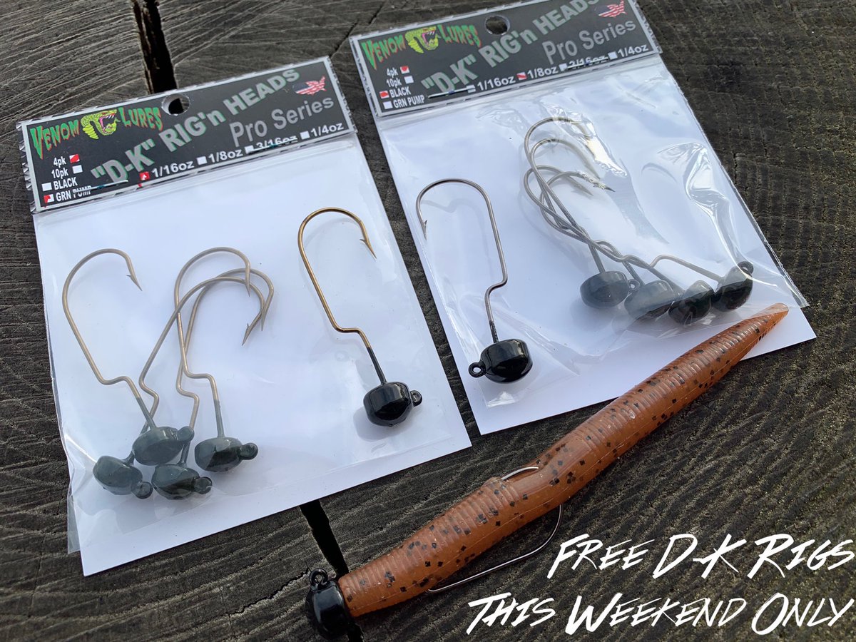 VenomLures's tweet photo. Free D-K Rigs!! 😱
Out with the old...and in with the new. ✅  This weekend only, get a free pack of our traditional D-K Rig Heads with every purchase made from our website https://t.co/qxnv0ZIzx7 🤘  Help us clear out the old models and make room for the new Mustad Black Nickel. https://t.co/3UU5LfMrLw
