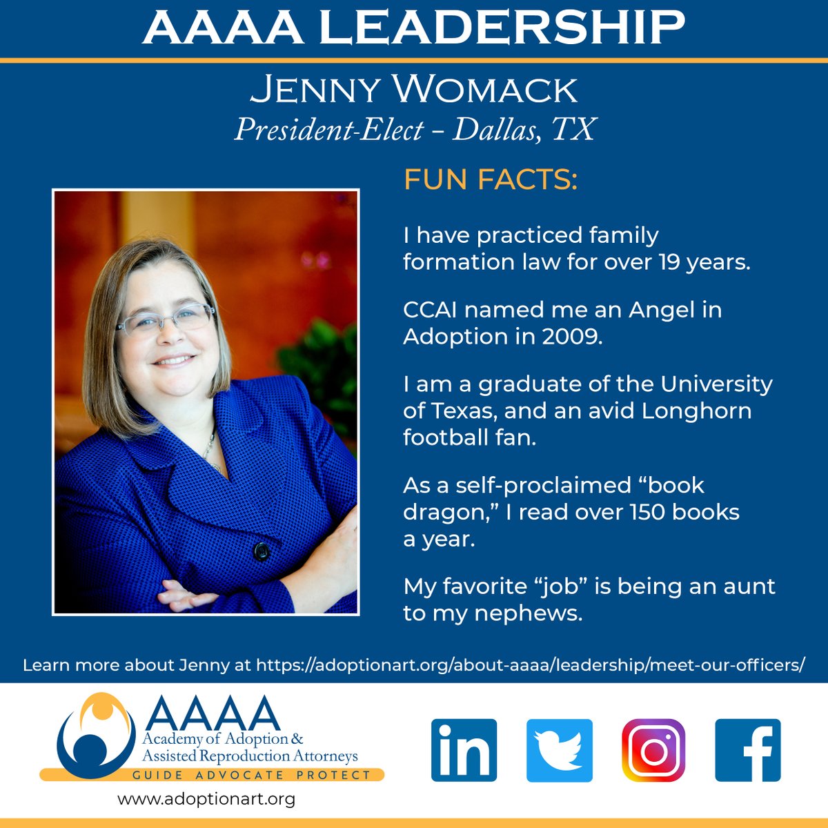 AdoptionandART's tweet photo. Meet the AAAA Leadership - Click here to learn more about Jenny: 

https://t.co/qs0OK0zb18

#adoptionartattorneys #adoptionandart https://t.co/KqSivj2JgD