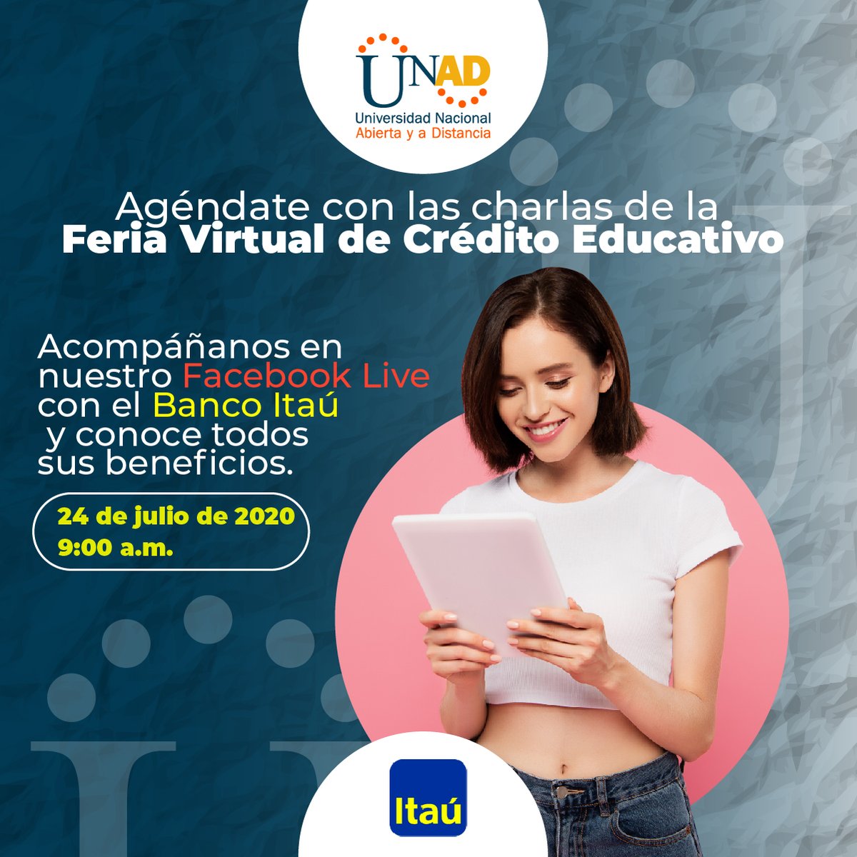 UniversidadUNAD's tweet photo. #AgéndateConLaUNAD Último día de Feria Virtual de Financiamiento Educativo.😱 Aprovecha para salir de dudas y tomar la mejor decisión✔️Conoce los beneficios que trae para ti el Banco Itaú .

📍HOY, 9:00 a.m., a través de nuestro Facebook LIVE (@UnivervsidadUNAD)🤩 https://t.co/DuNOjsTZoS