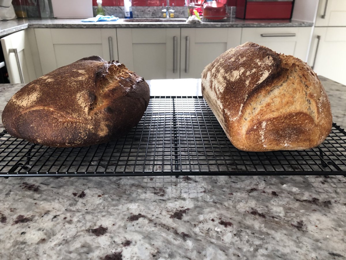 ElliottRoss's tweet photo. @BakeWithJack have been using your #sourdough recipe for a while and today I tried someone different. The darker one on a tray. The lighter on in a loaf tin (fits the toaster better!) https://t.co/RrlB4ptUxJ