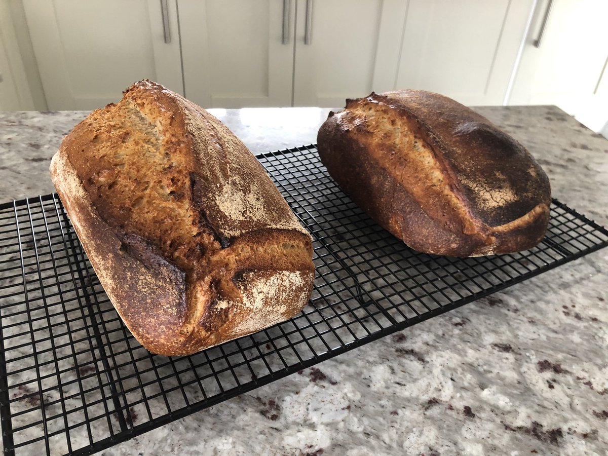 ElliottRoss's tweet photo. @BakeWithJack have been using your #sourdough recipe for a while and today I tried someone different. The darker one on a tray. The lighter on in a loaf tin (fits the toaster better!) https://t.co/RrlB4ptUxJ