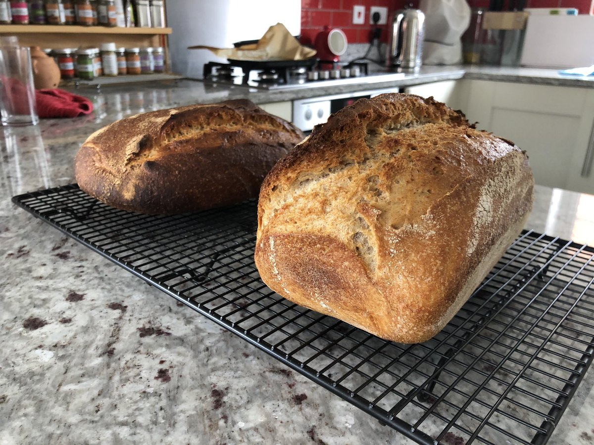 ElliottRoss's tweet photo. @BakeWithJack have been using your #sourdough recipe for a while and today I tried someone different. The darker one on a tray. The lighter on in a loaf tin (fits the toaster better!) https://t.co/RrlB4ptUxJ