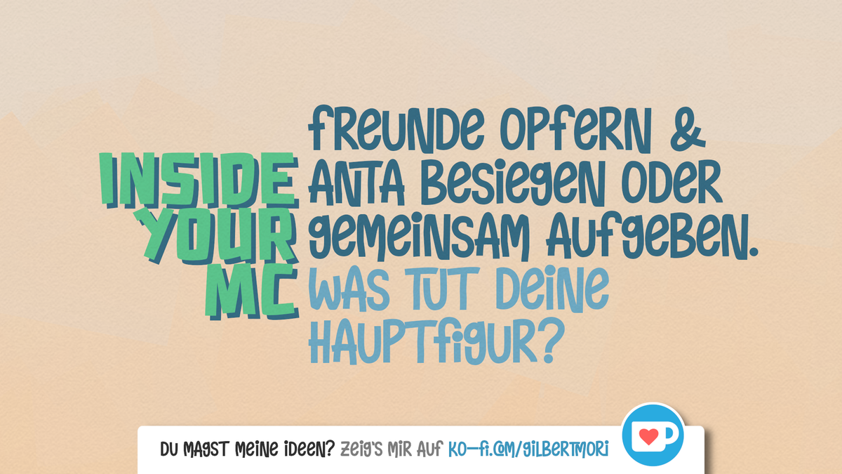 BookOfGilbert's tweet photo. 🪦 Unangenehme Wahl: #InsideYourMC 🎇
Oft haben Siege Kehrseiten, Niederlagen etwas Gutes & Entscheidungen unvorhersehbare Konsequenzen. Aber diese ist besonders tough ...
OPFERT DEINE HAUPTFIGUR
FREUNDE FÜR DEN SIEG?
Oder gibt sie auf?
#IYMC #Schreiben #Autorenleben https://t.co/YUUoEhi9Gc