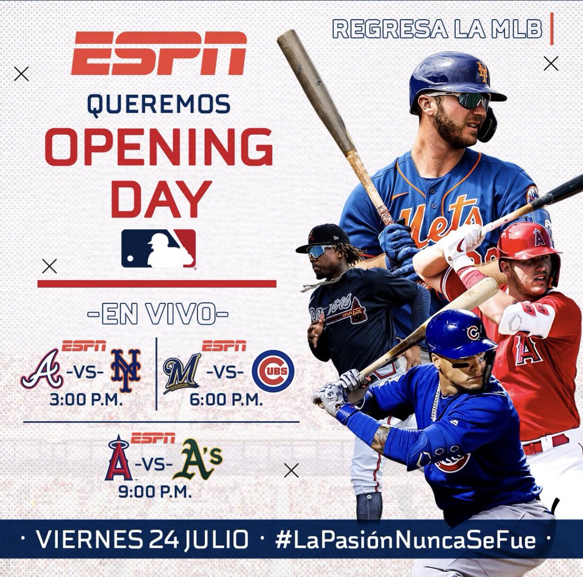 Enrique_Rojas1's tweet photo. Hoy viernes 3 juegos de MLB por ESPN: 4 pm ET #Braves Vs #Mets, 7 pm ET #Brewers Vs #Cubs y 10 pm ET #Angels Vs #Athletics https://t.co/gAwM53vRPa
