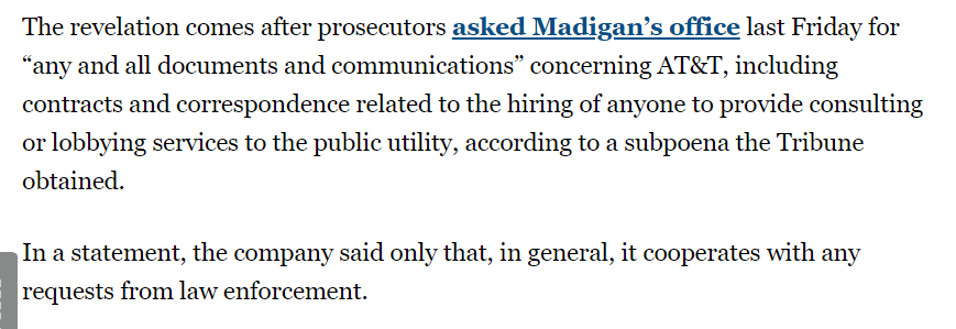 AT&T was supeonaed earlier in 2016 (no date identified) but DOJ demanded Madigan's office turn over AT&T documents last Friday.