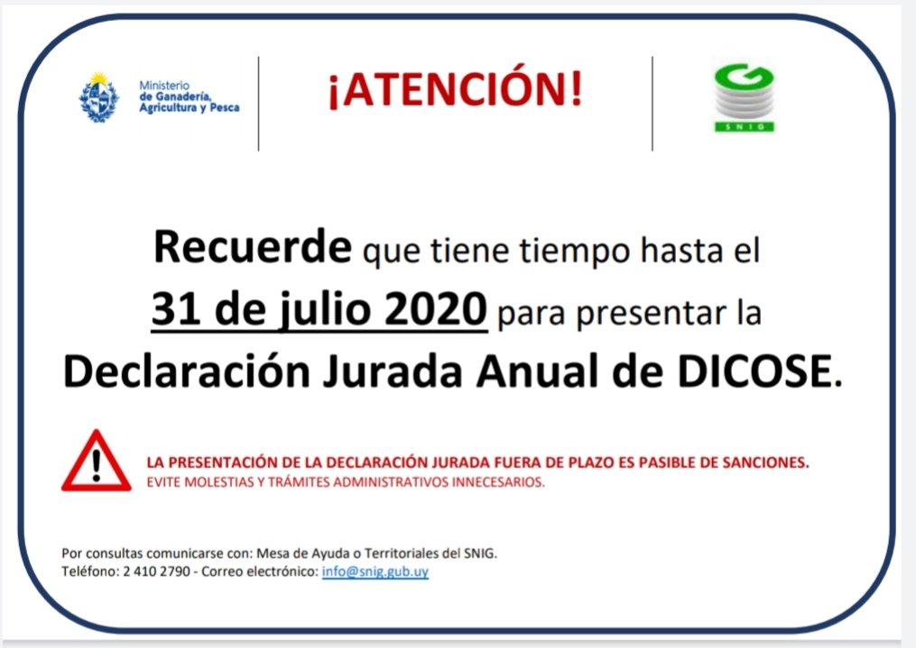 MGAPUruguay's tweet photo. ¡Atención!

Tiene tiempo hasta el 31 de Julio para presentar la Declaración Jurada Anual de Dicose https://t.co/QTd7W9GTco